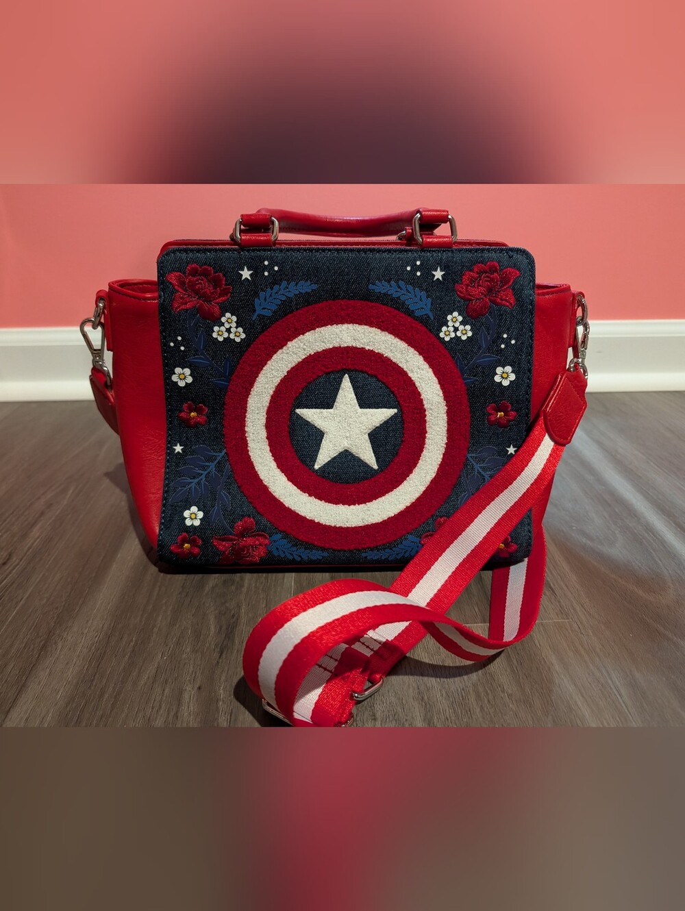Marvel Captain America 80th Anniversary Floral Shield Crossbody Bag Loungefly